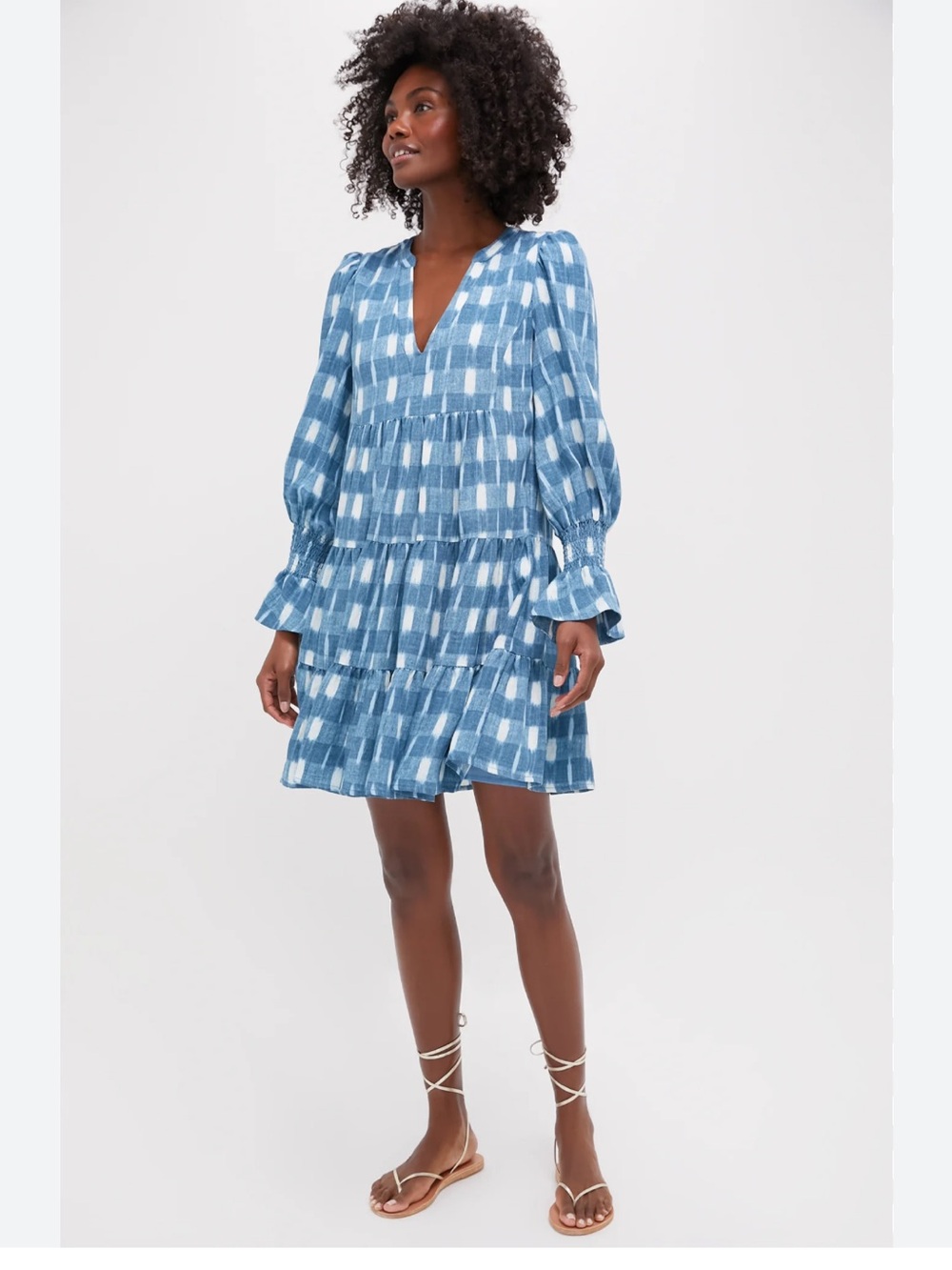 Tuckernuck x Pomander Place Blue Ikat Kenzo Dress Mini Tiered Smocked Cuff Sz L - Picture 2 of 16